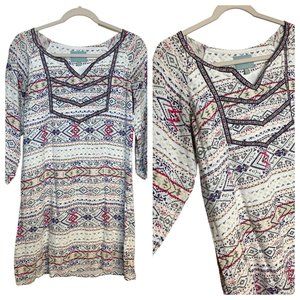 Skies Are Blue Ladies 3/4 Sleeve Aztec, Tribal, BOHO Style V Neck Dress Size 8